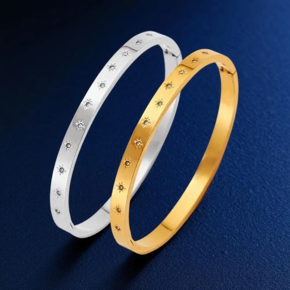 Zircon Eight-Point Star Stainless Steel Bangle