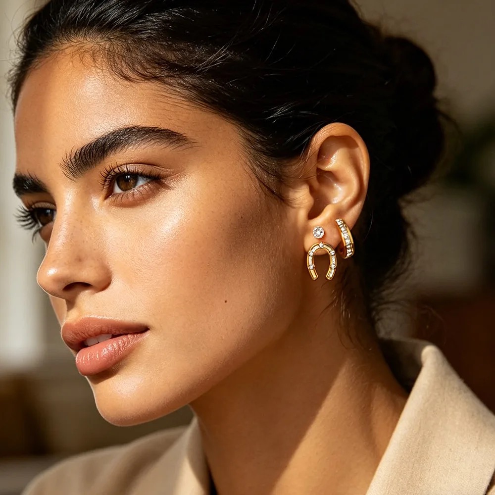 18K Gold-Plated Stainless Steel Horseshoe Zircon Earrings