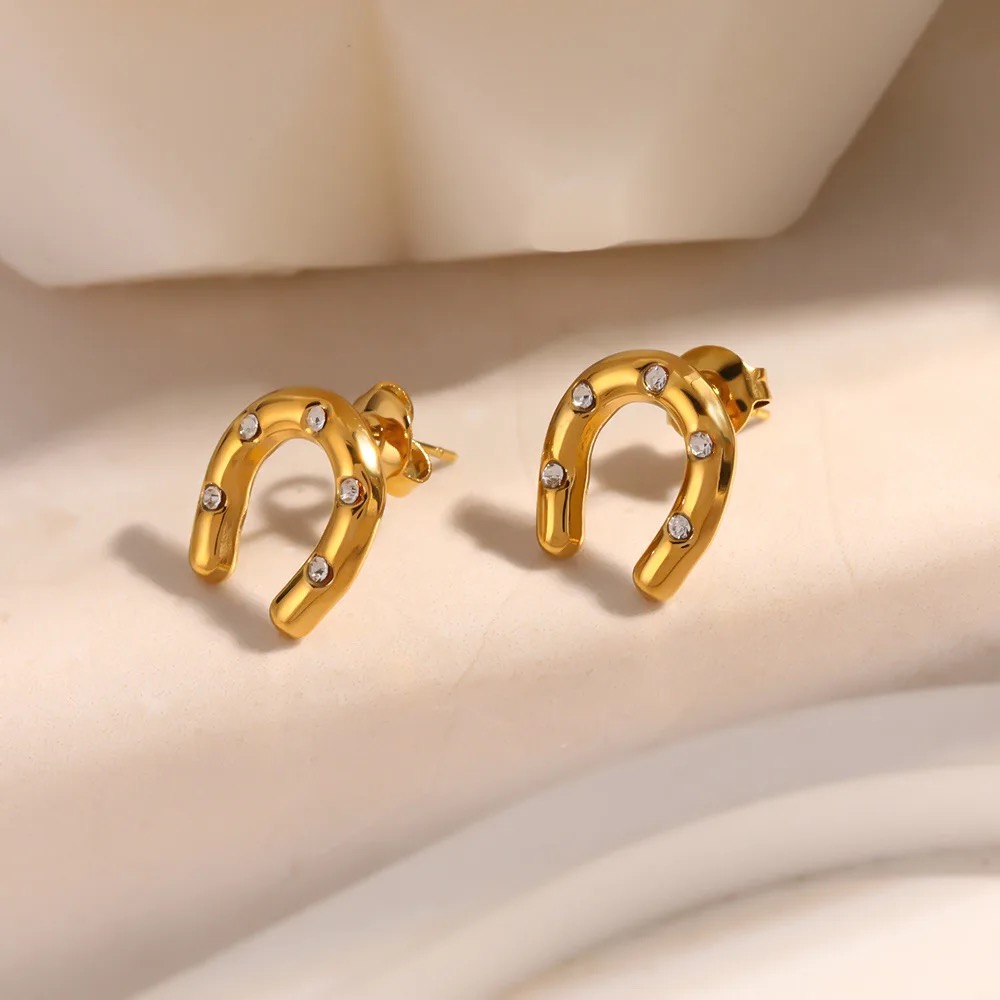 18K Gold-Plated Stainless Steel Horseshoe Zircon Earrings