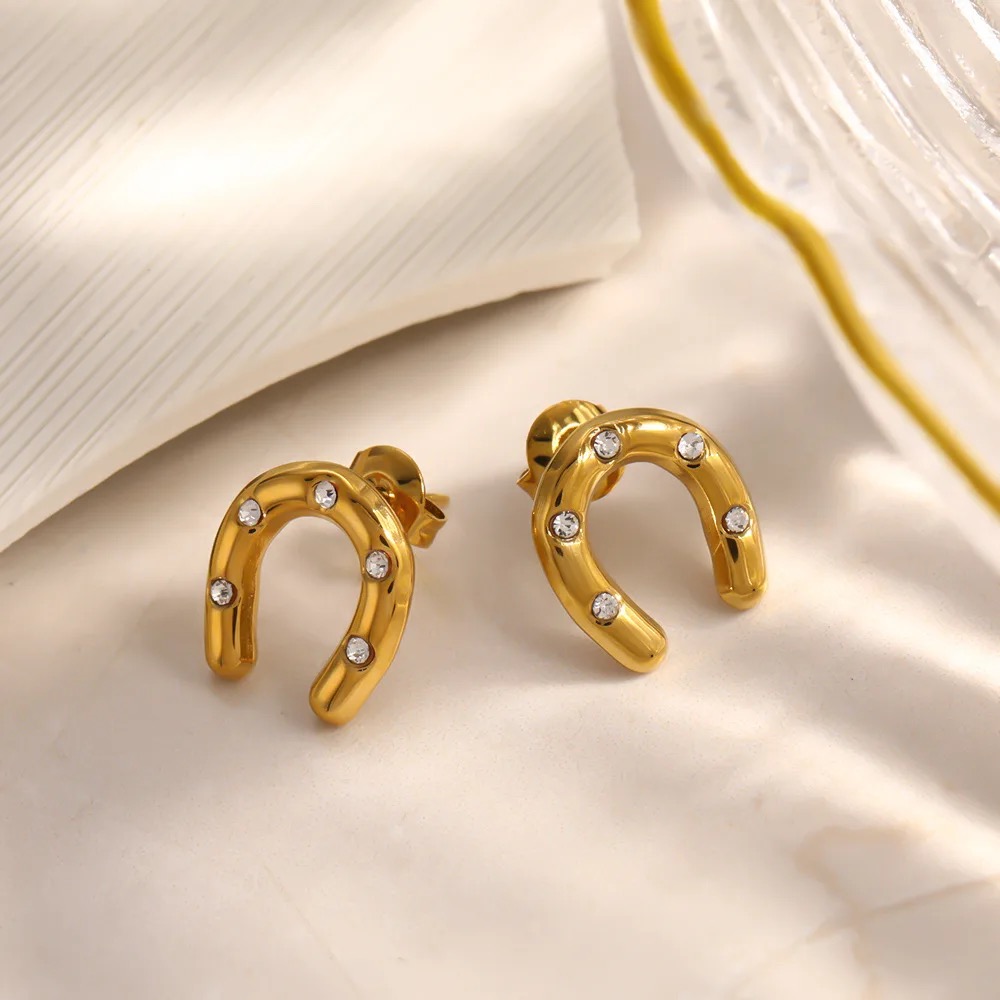 18K Gold-Plated Stainless Steel Horseshoe Zircon Earrings