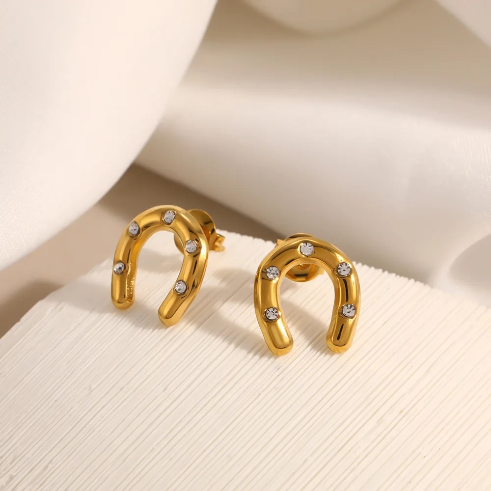 18K Gold-Plated Stainless Steel Horseshoe Zircon Earrings