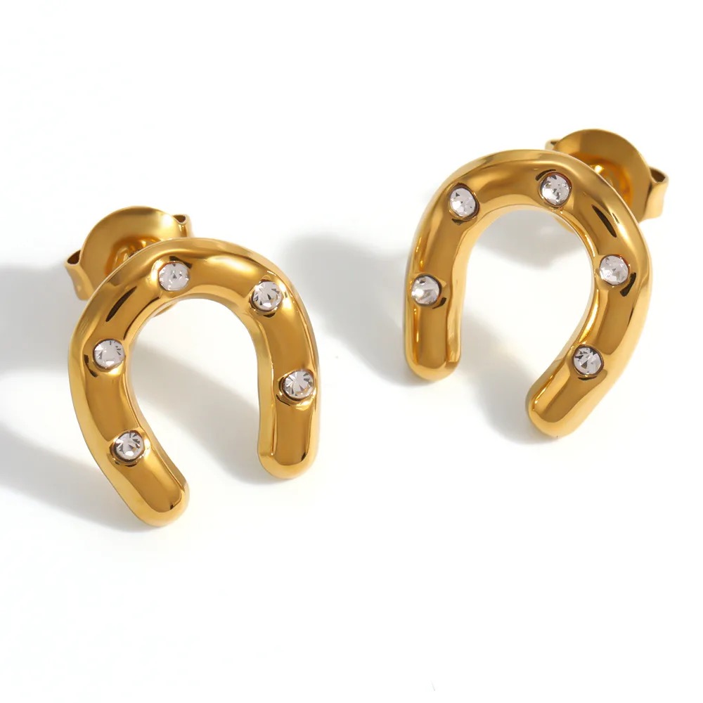 18K Gold-Plated Stainless Steel Horseshoe Zircon Earrings