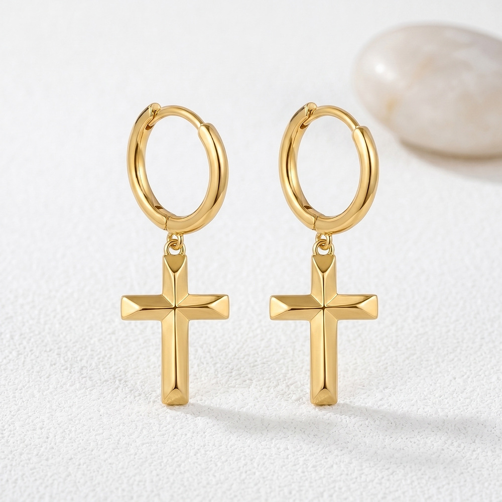 Gold-Plated Copper Cross Pendant Huggie Earrings