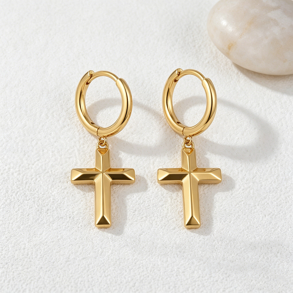 Gold-Plated Copper Cross Pendant Huggie Earrings