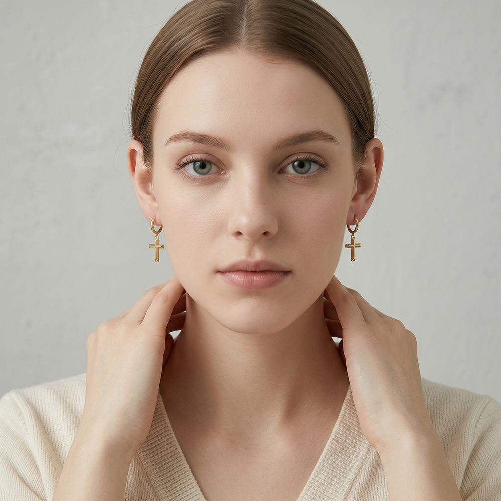 Gold-Plated Copper Cross Pendant Huggie Earrings