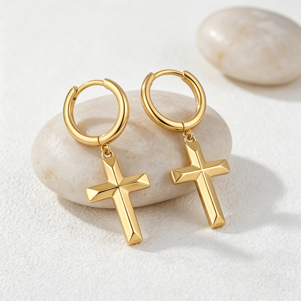 Gold-Plated Copper Cross Pendant Huggie Earrings