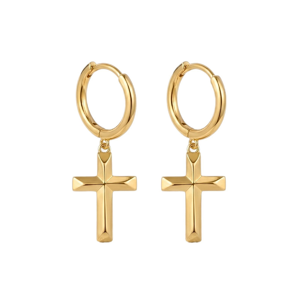 Gold-Plated Copper Cross Pendant Huggie Earrings