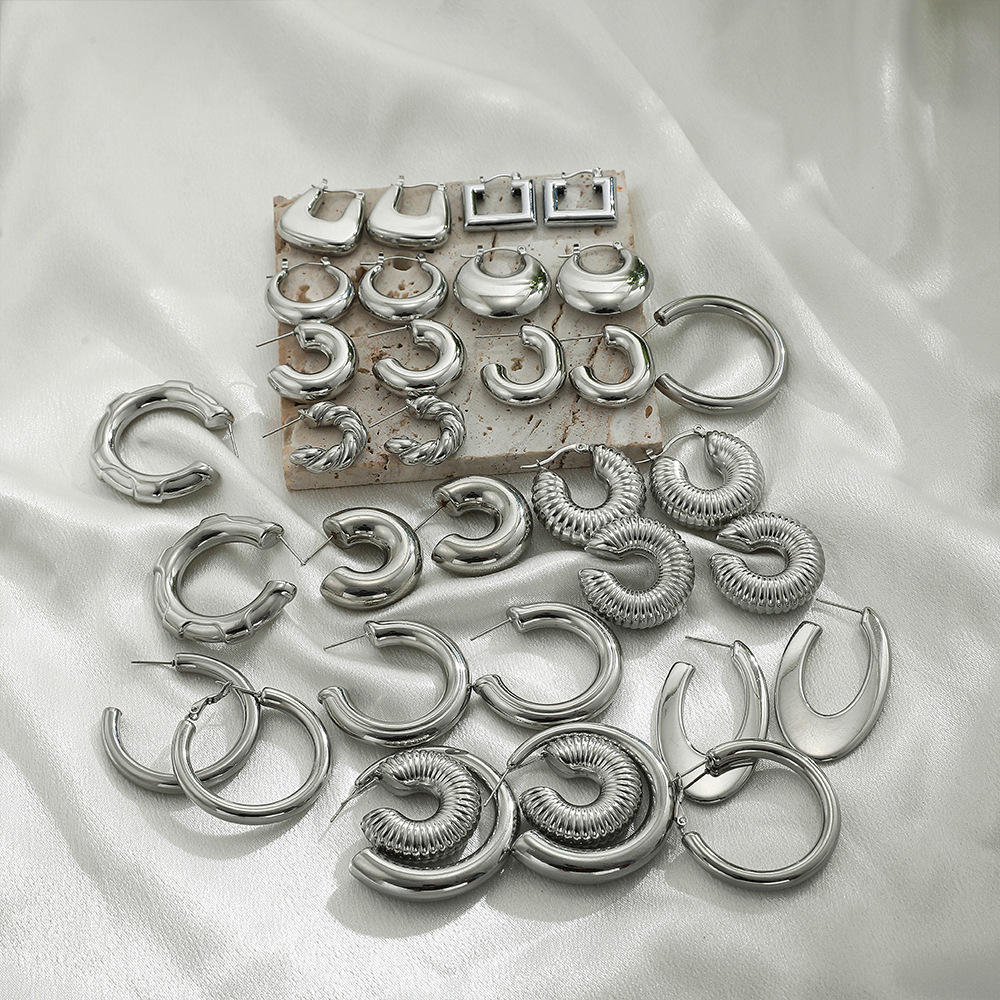 Silver-Tone Geometric C-Shaped Stainless Steel Huggie Earrings