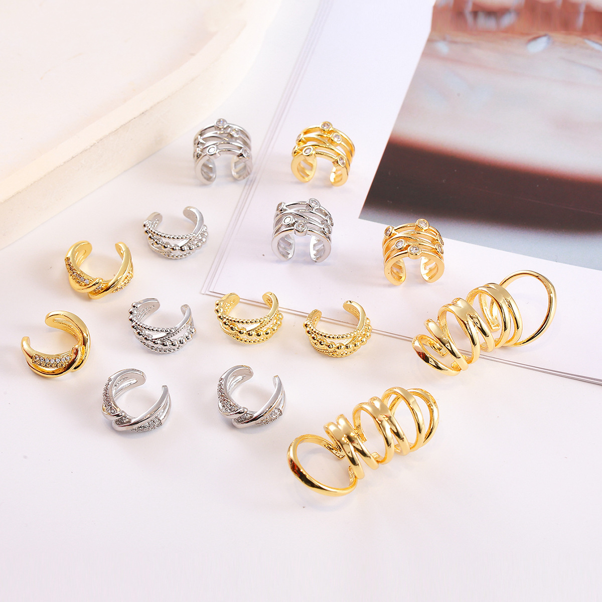 Bohemian Hollow Zircon Gold-Plated Copper Ear Cuffs