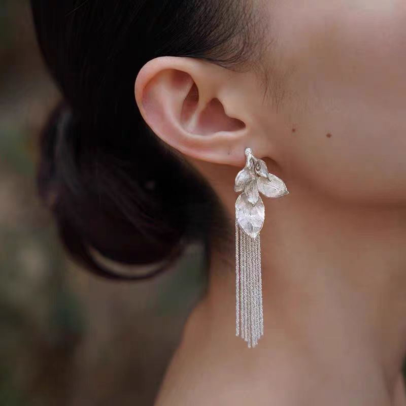 Vintage Leaf Tassel Drop Earrings with 925 Silver Posts