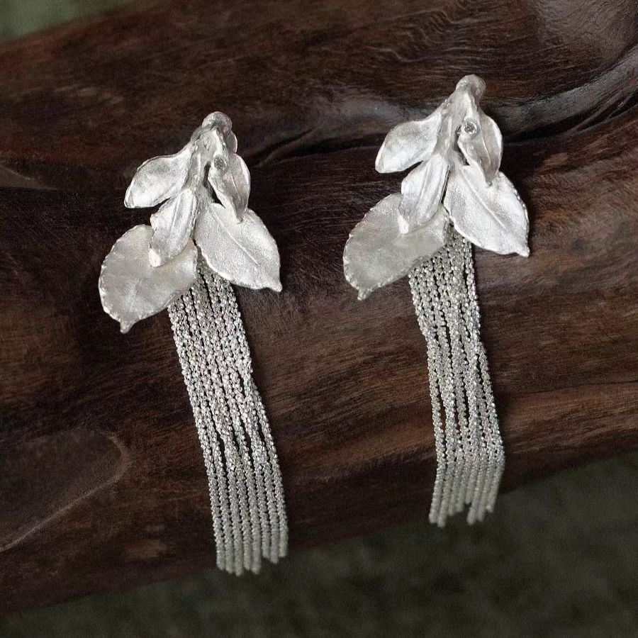 Vintage Leaf Tassel Drop Earrings with 925 Silver Posts
