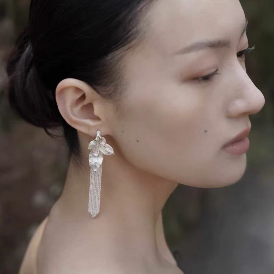 Vintage Leaf Tassel Drop Earrings with 925 Silver Posts