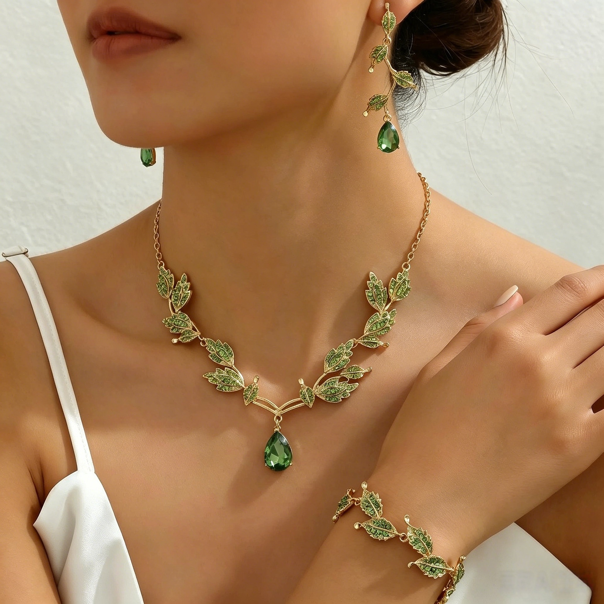 Rhinestone Leaf Bridal Necklace, Earring and Bracelet Set