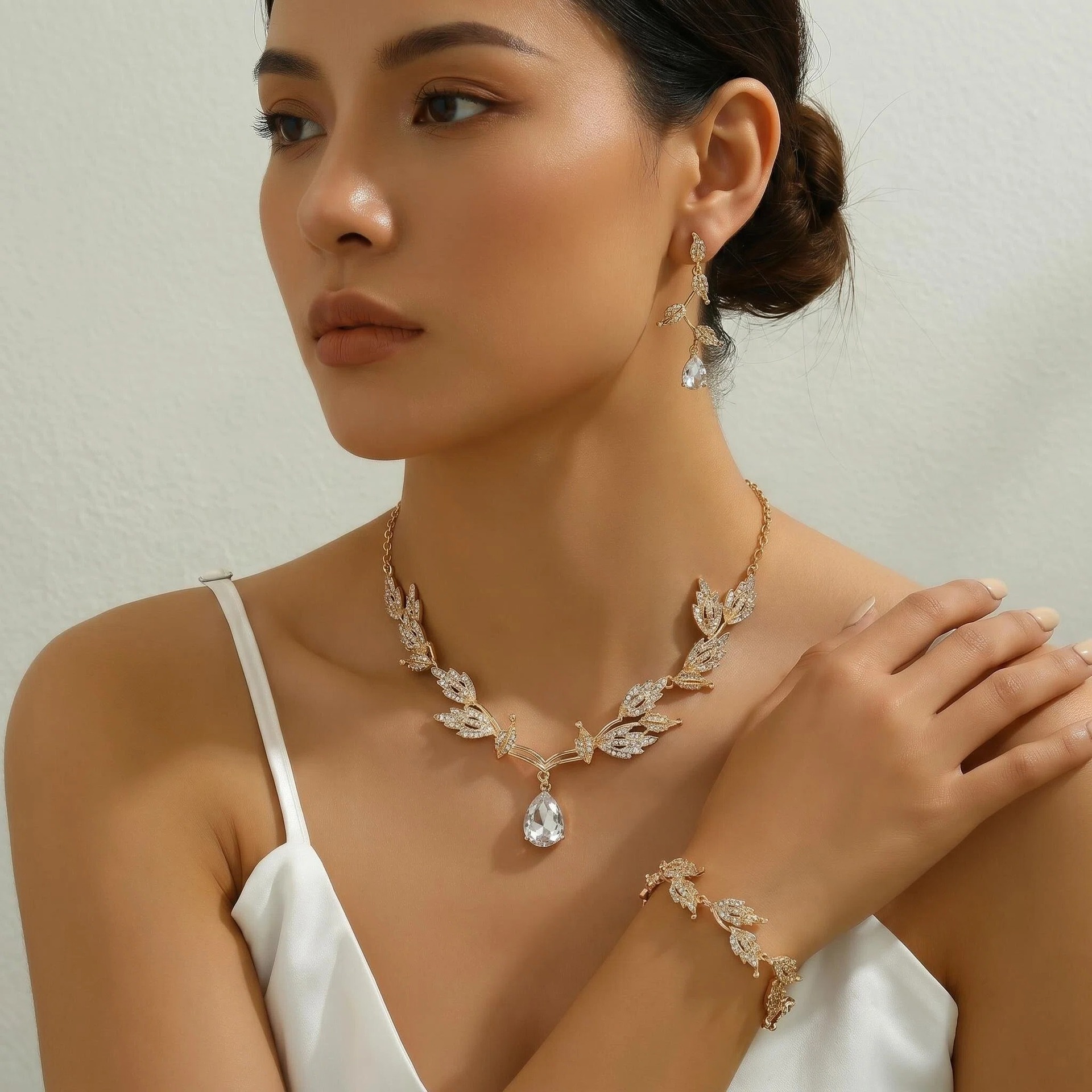 Rhinestone Leaf Bridal Necklace, Earring and Bracelet Set