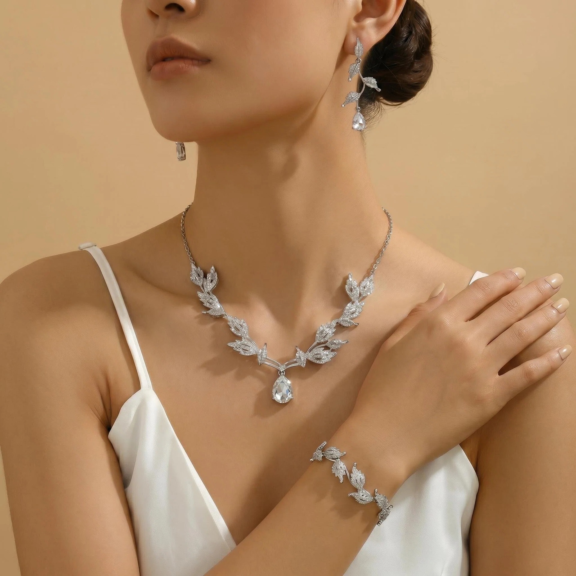 Rhinestone Leaf Bridal Necklace, Earring and Bracelet Set
