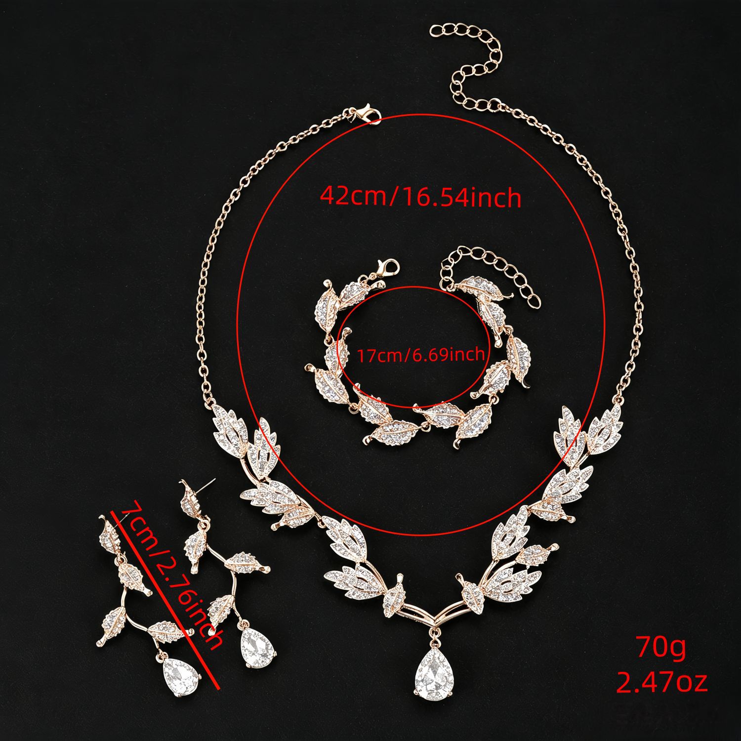 Rhinestone Leaf Bridal Necklace, Earring and Bracelet Set