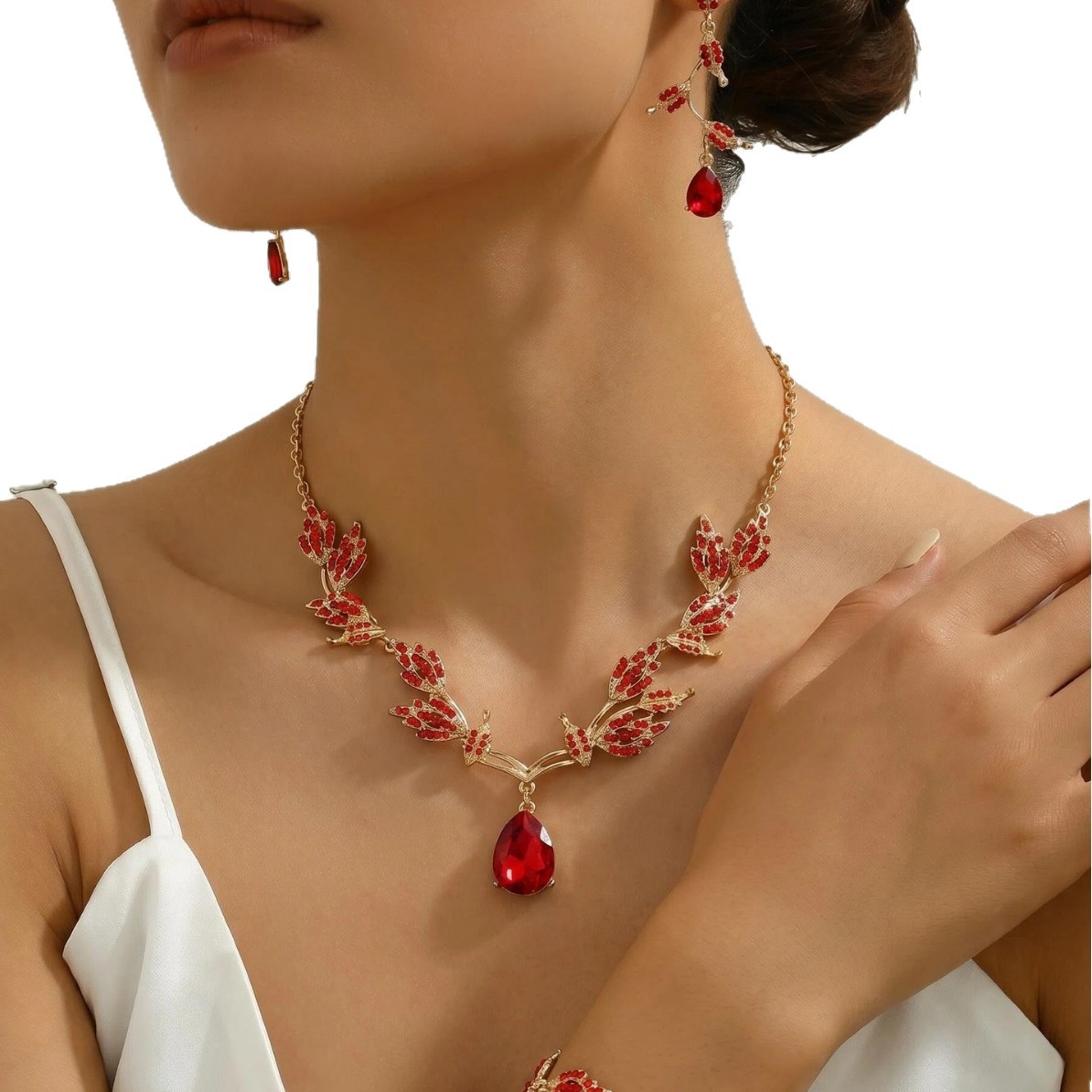Rhinestone Leaf Bridal Necklace, Earring and Bracelet Set