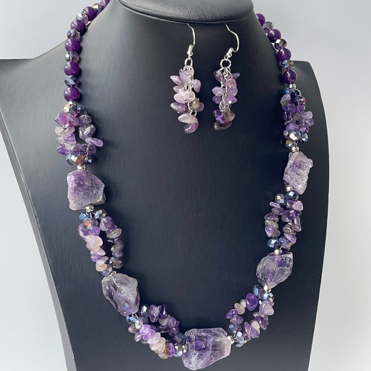 Handmade Purple Natural Stone Necklace and Earring Set