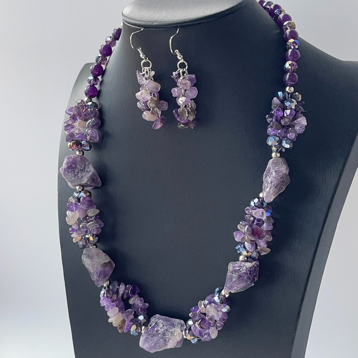 Handmade Purple Natural Stone Necklace and Earring Set