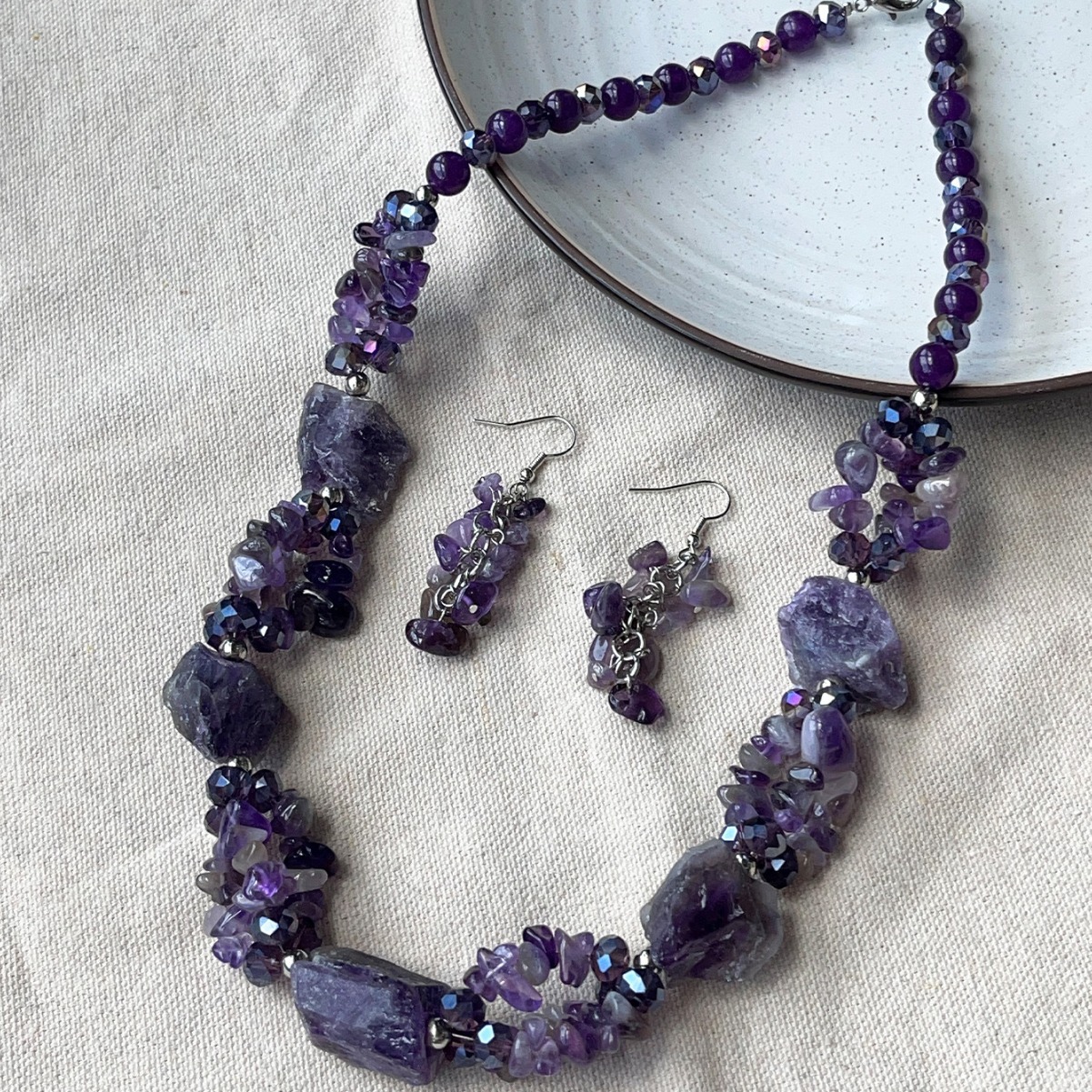 Handmade Purple Natural Stone Necklace and Earring Set