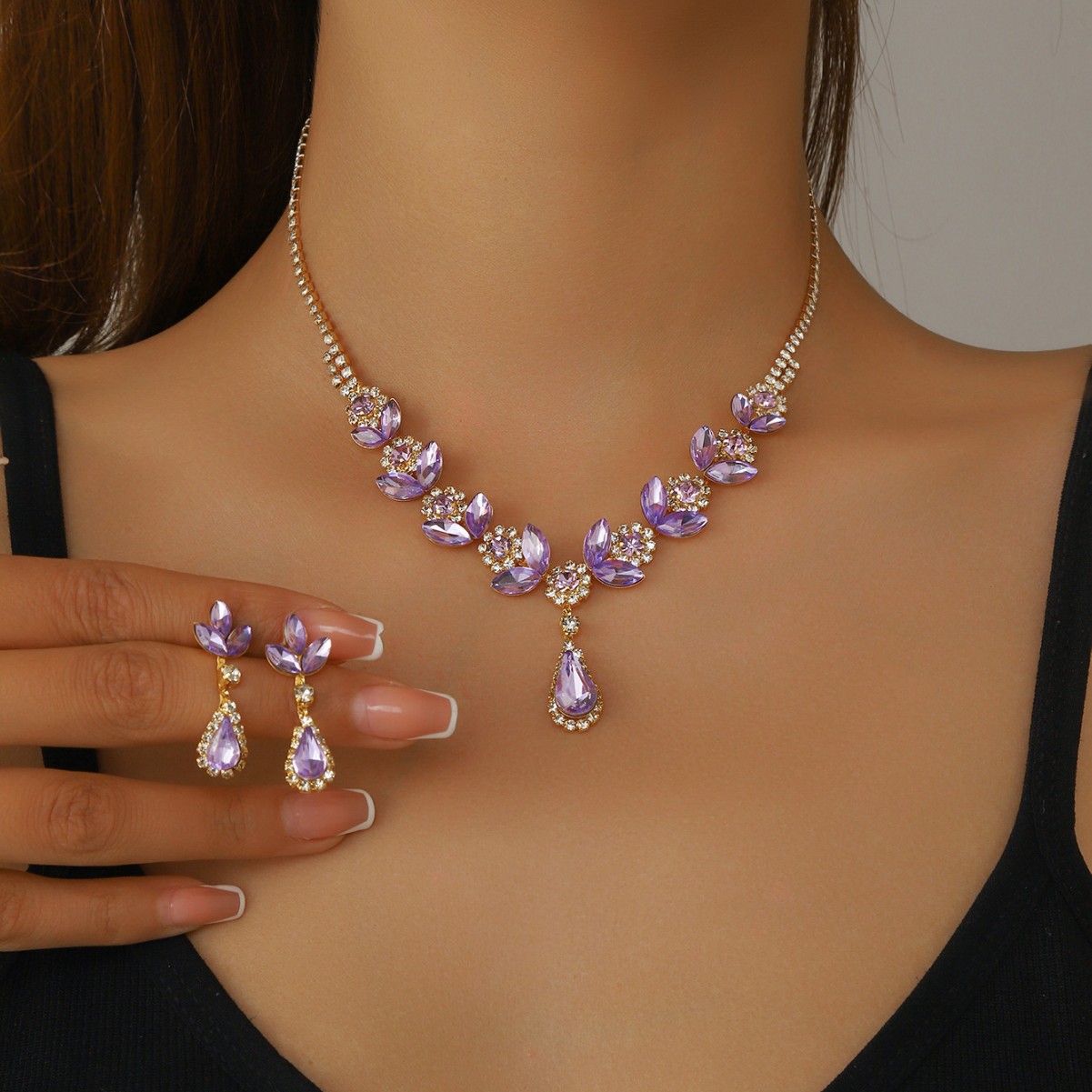 Purple Rhinestone Flower Necklace and Teardrop Earring Set