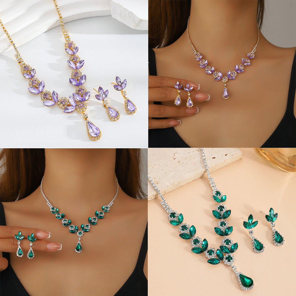 Purple Rhinestone Flower Necklace and Teardrop Earring Set