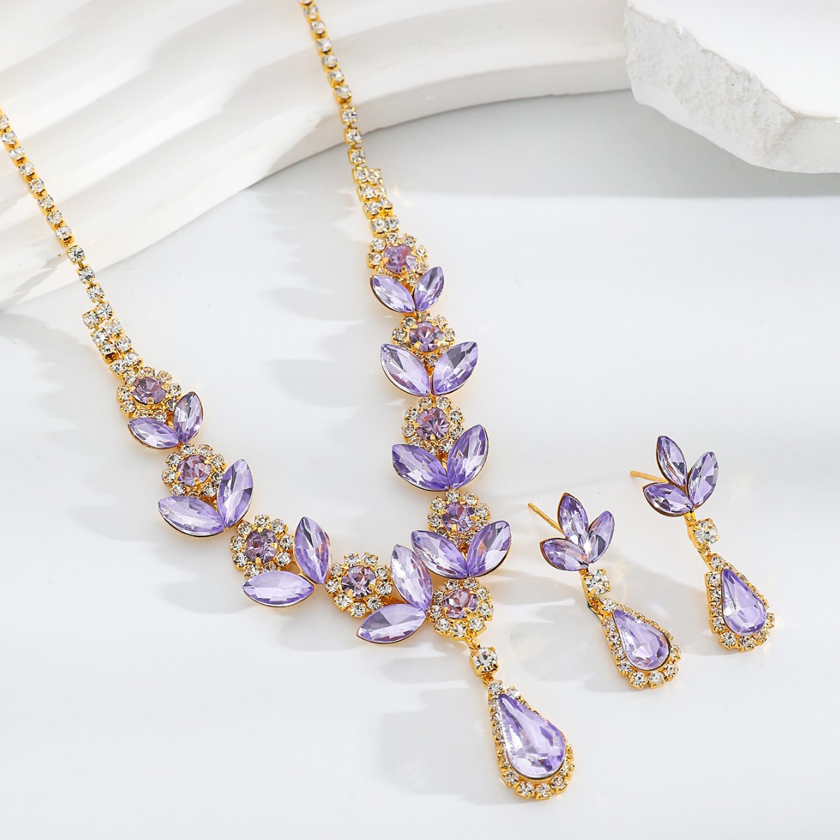 Purple Rhinestone Flower Necklace and Teardrop Earring Set