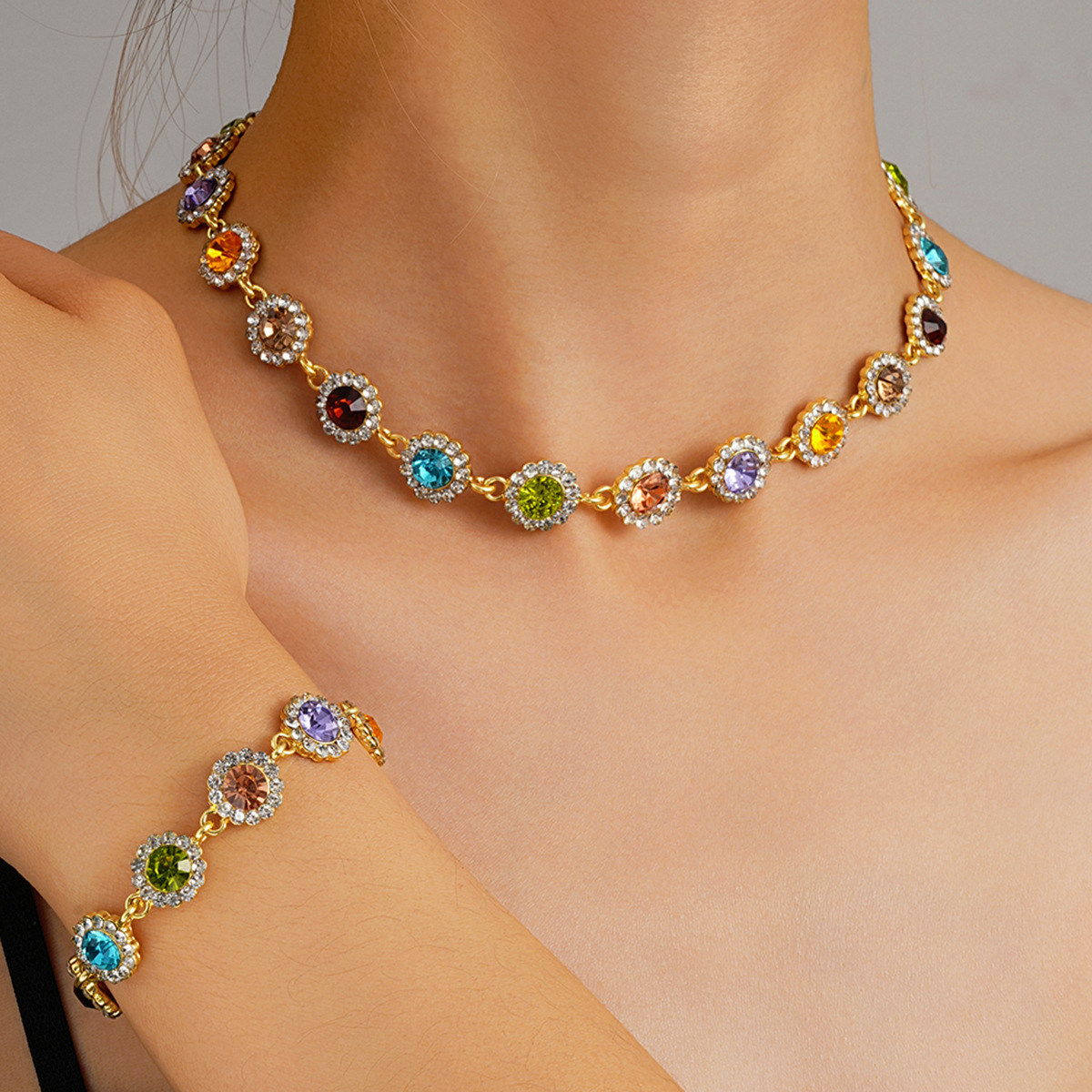 Colorful Zircon Necklace and Bracelet Set