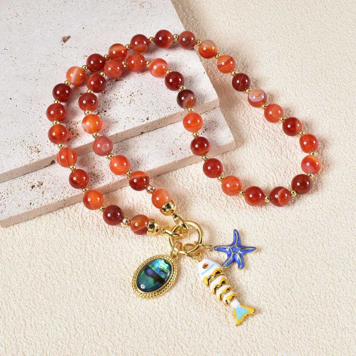 Starfish, Fish and Orange Bead Pendant Necklace