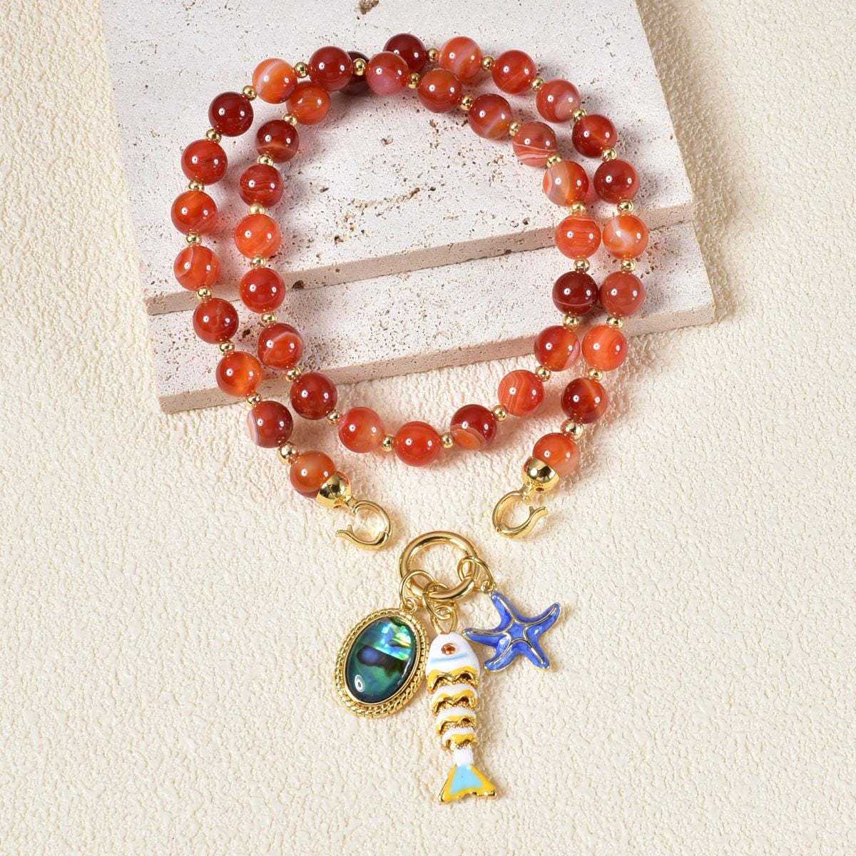 Starfish, Fish and Orange Bead Pendant Necklace