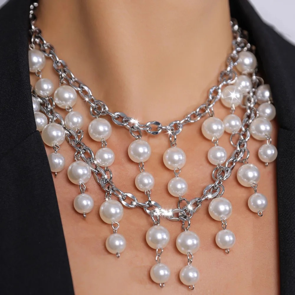 Double-Layer Oversized Faux Pearl Tassel Necklace