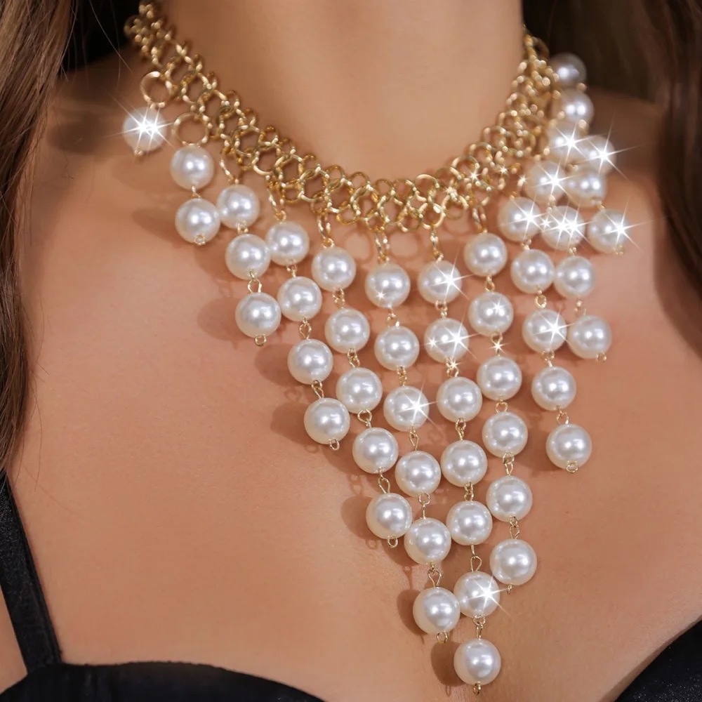 Double-Layer Oversized Faux Pearl Tassel Necklace
