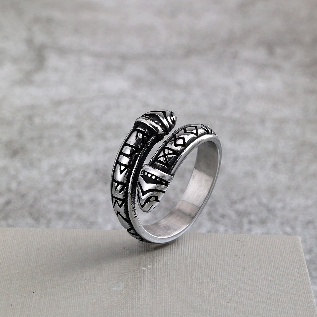 Vintage Stainless Steel Viking Rune Snake Ring