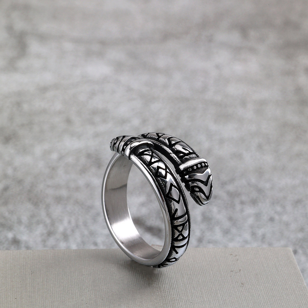 Vintage Stainless Steel Viking Rune Snake Ring