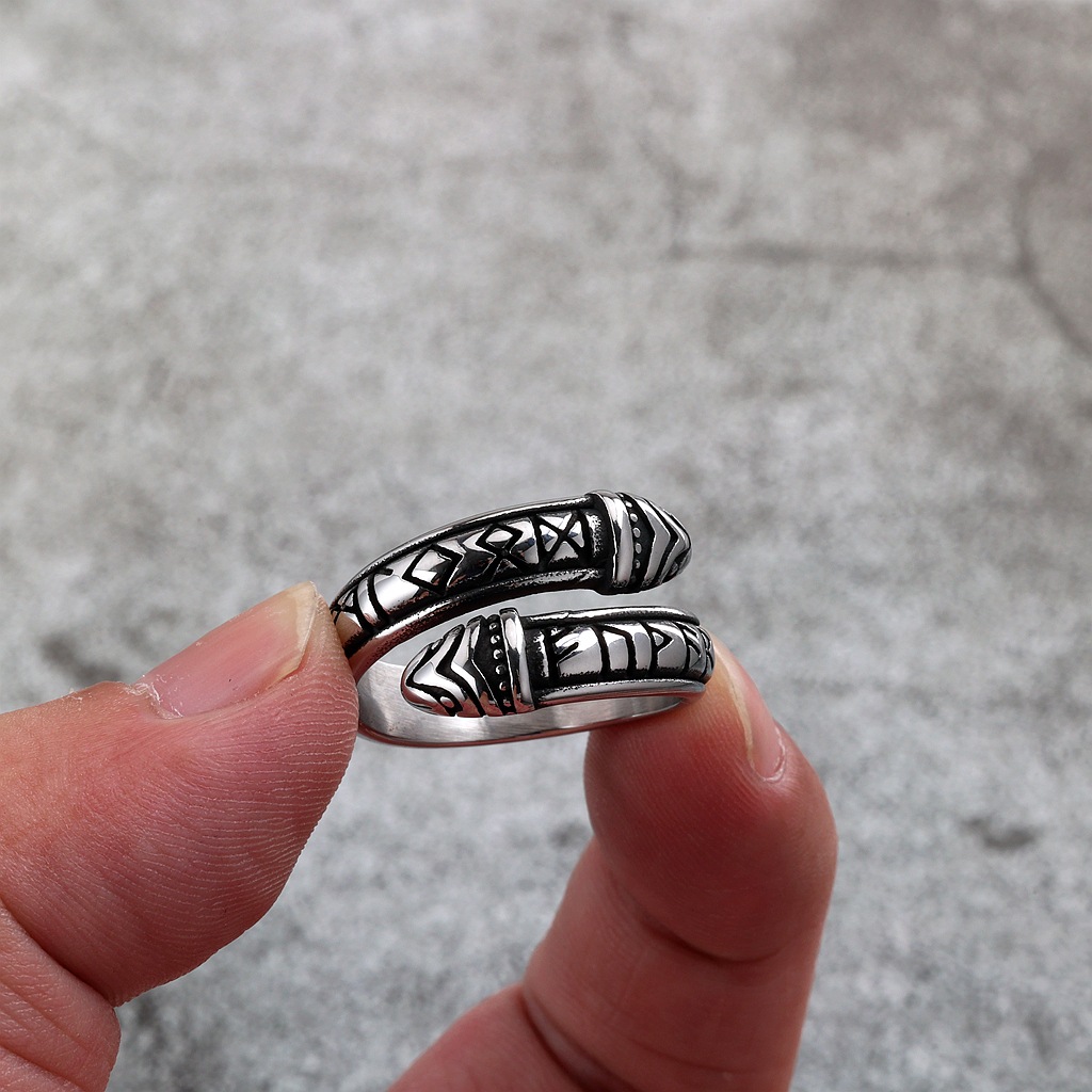 Vintage Stainless Steel Viking Rune Snake Ring