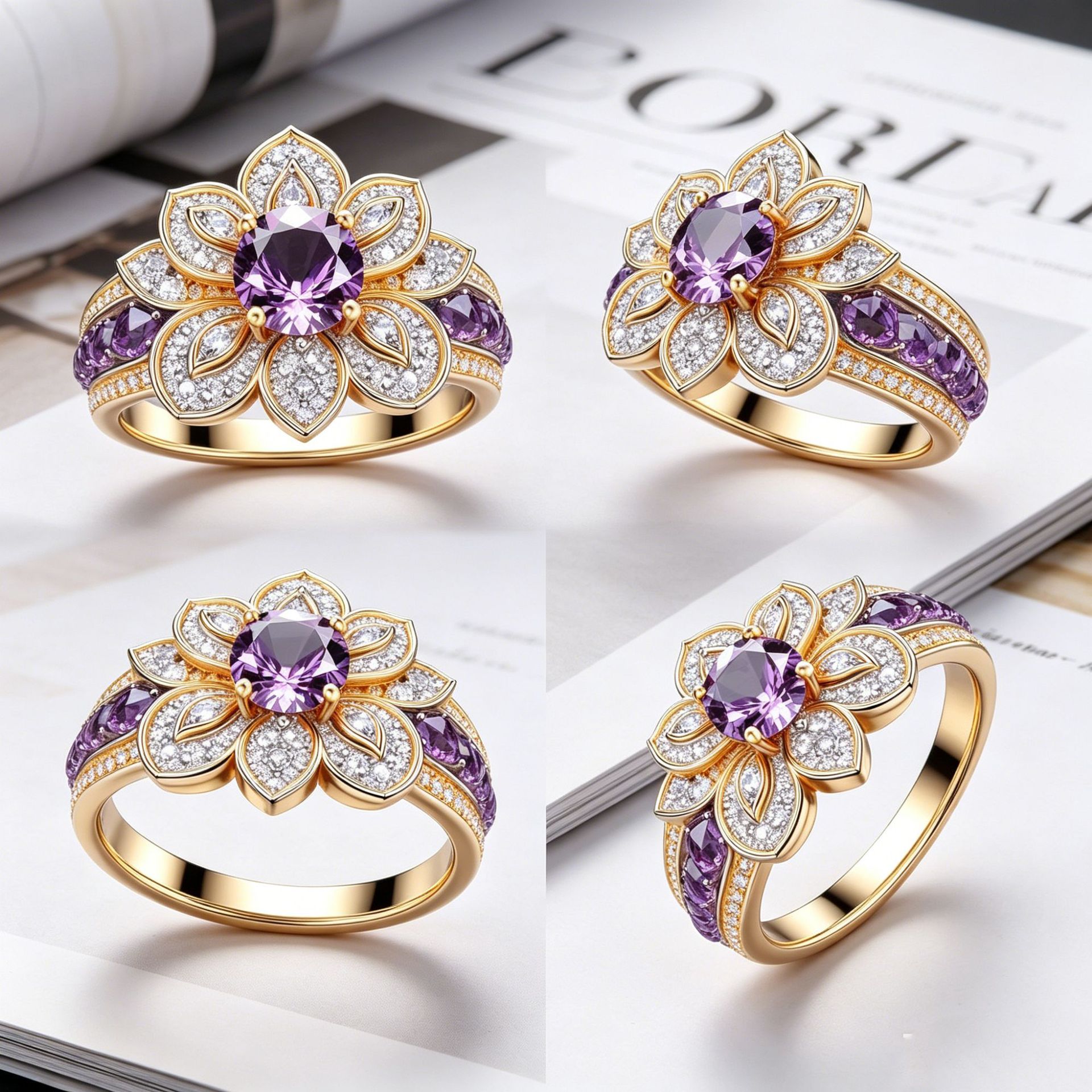 Purple Zircon Floral Copper Cocktail Ring