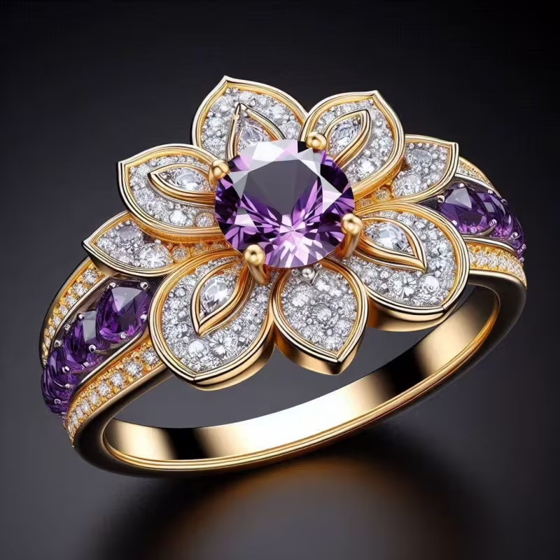 Purple Zircon Floral Copper Cocktail Ring