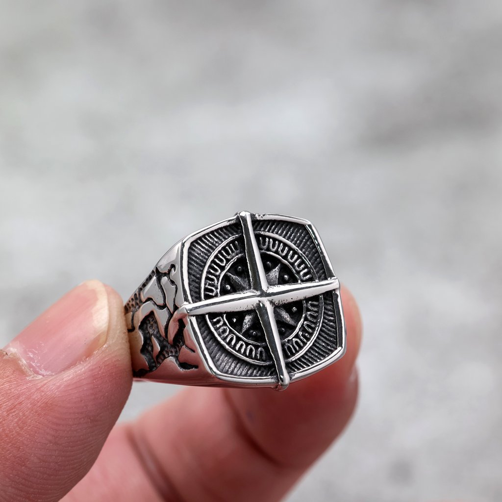 Vintage Men's Stainless Steel Compass Ring