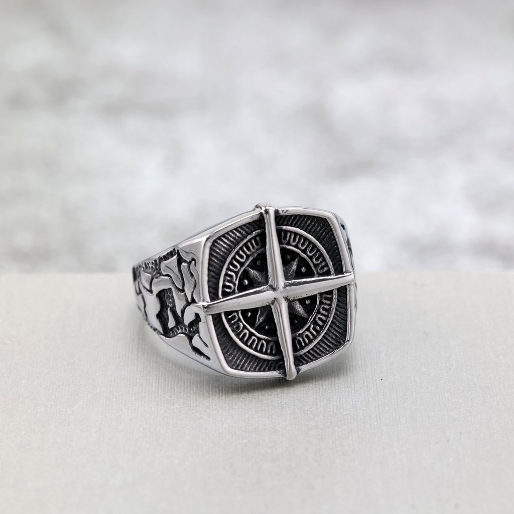 Vintage Men's Stainless Steel Compass Ring
