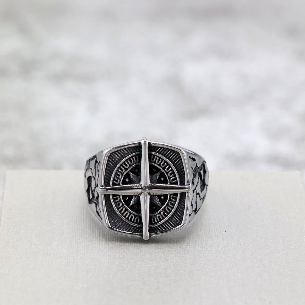 Vintage Men's Stainless Steel Compass Ring
